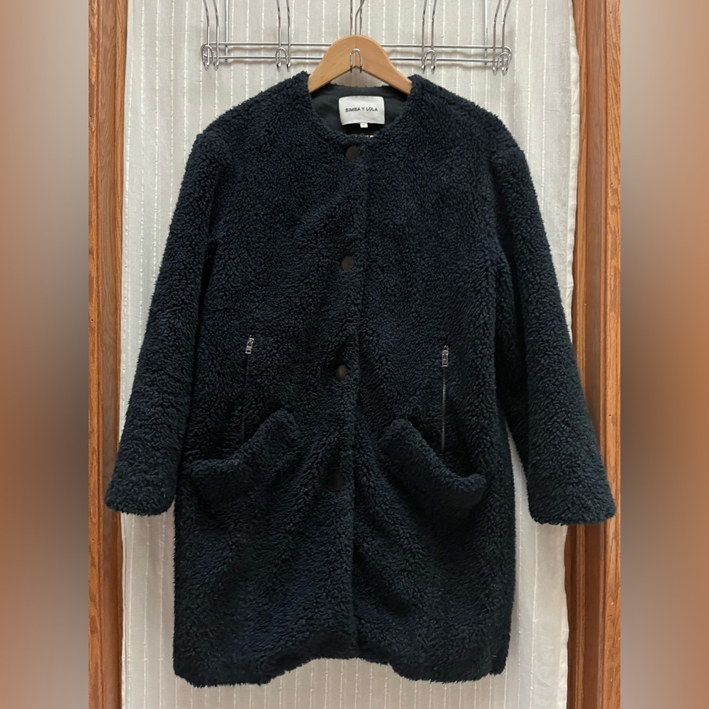 BIMBA Y LOLA Black Sherpa Fleece Teddy Long Coat - Size M